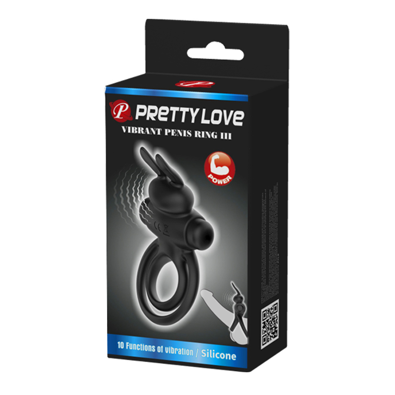 Эрекционное виброкольцо с кроликом Pretty Love Bunny III двойное, чёрное, 9.7 х 4 см