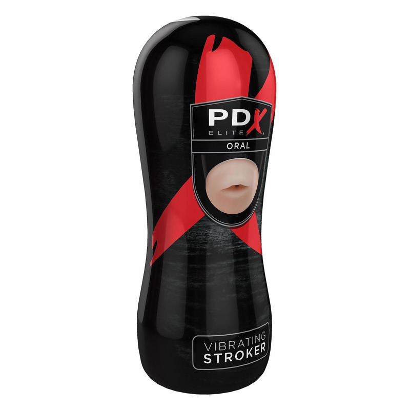 Мастурбатор-рот в черной колбе Pipedream PDX Elite с вибрацией, телесный