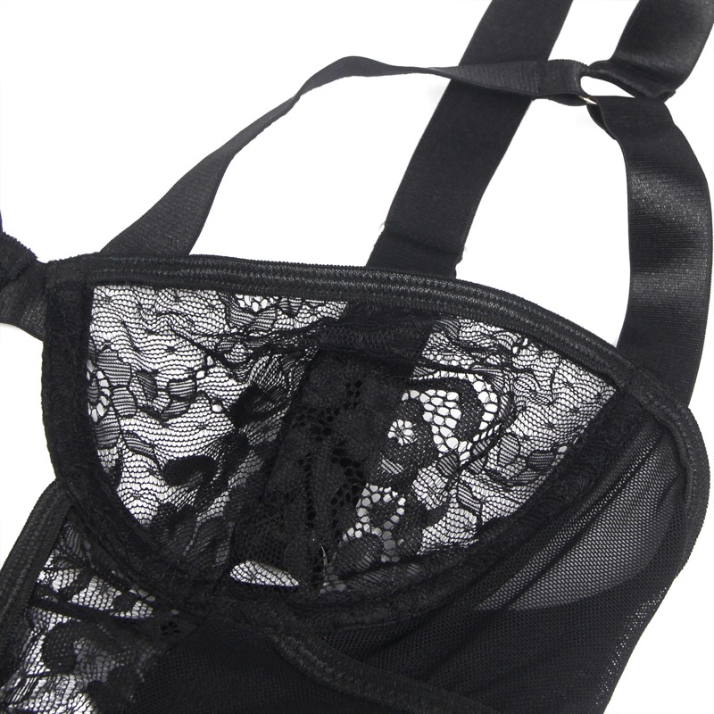 Боди кружевное Star Night с доступом и гартером, черное, XL-XXL