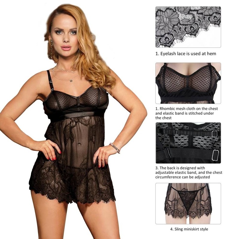 Пеньюар с трусиками Star Night с кружевом, чёрный, XS-S