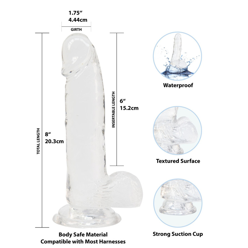 Прозрачный фаллоимитатор на присоске ADDICTION — Clear Dildo with Balls 8″, вибропуля в подарок