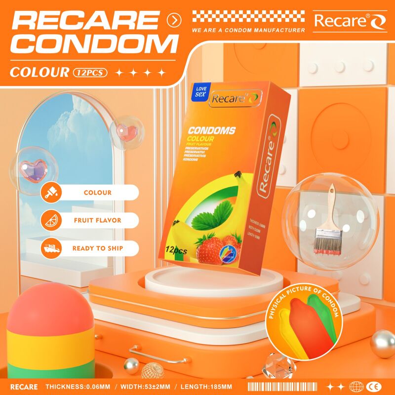 Презервативы Recare Color Fruit Flavour Condoms 12 шт, ароматы: мята, банан, клубника