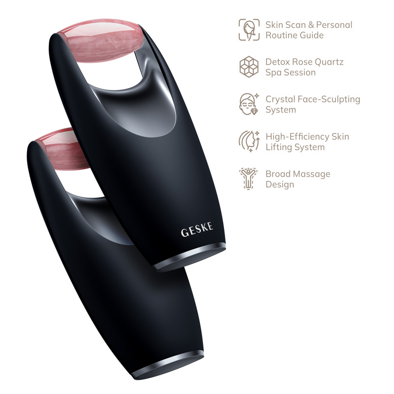 Ролер-масажер для обличчя з рожевим кварцом GESKE SmartAppGuided Rose Quartz Roller 5in1 black