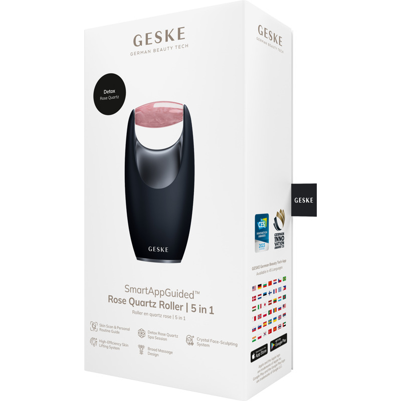 Ролер-масажер для обличчя з рожевим кварцом GESKE SmartAppGuided Rose Quartz Roller 5in1 black