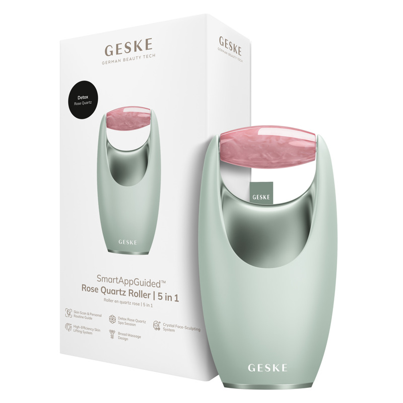 Ролер-масажер для обличчя з рожевим кварцом GESKE SmartAppGuided Rose Quartz Roller 5in1 green