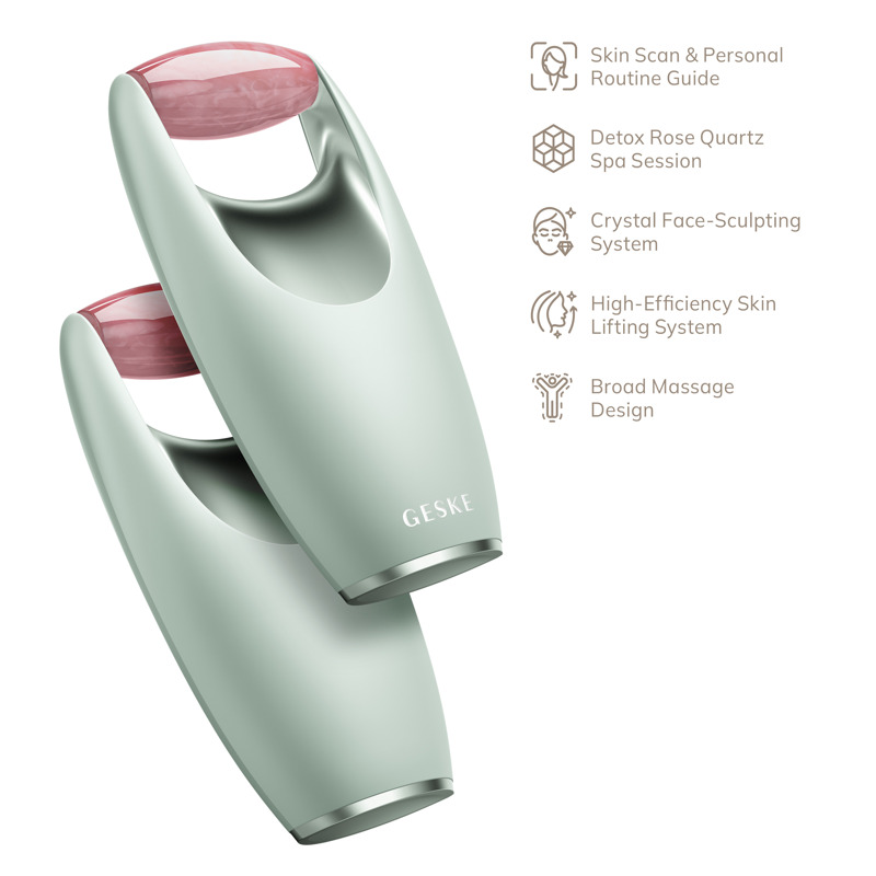 Ролер-масажер для обличчя з рожевим кварцом GESKE SmartAppGuided Rose Quartz Roller 5in1 green