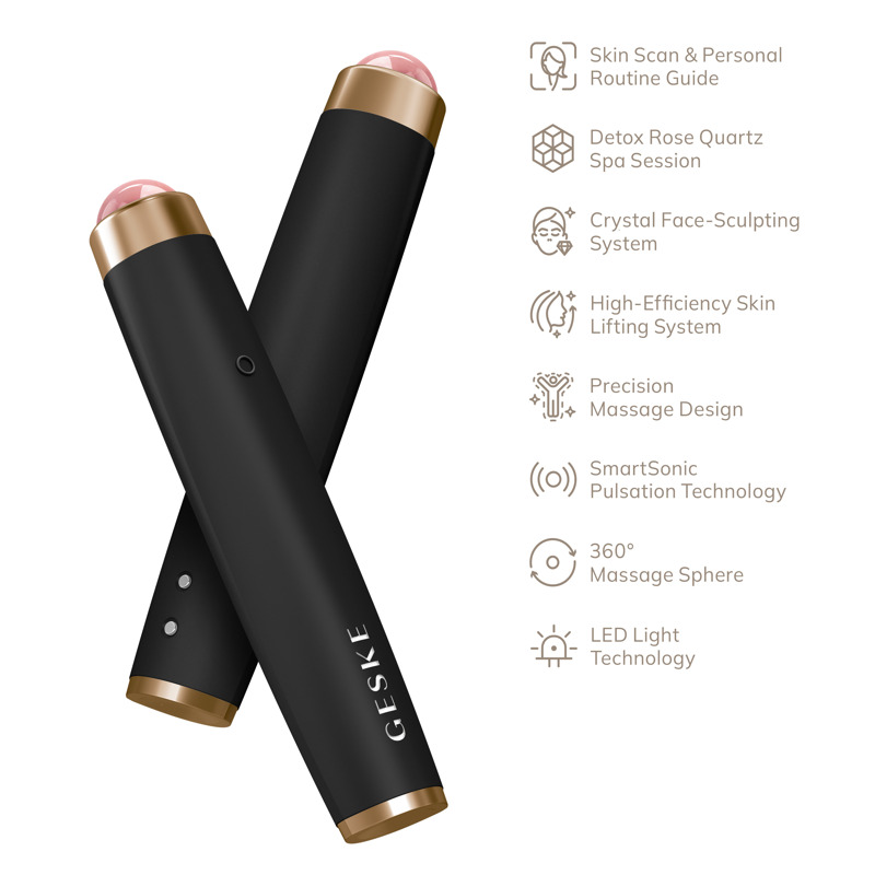 Ручка-масажер для обличчя з рожевим кварцом GESKE SmartAppGuided Sonic Rose Quartz LED Depuffing Pen 8in1 gray