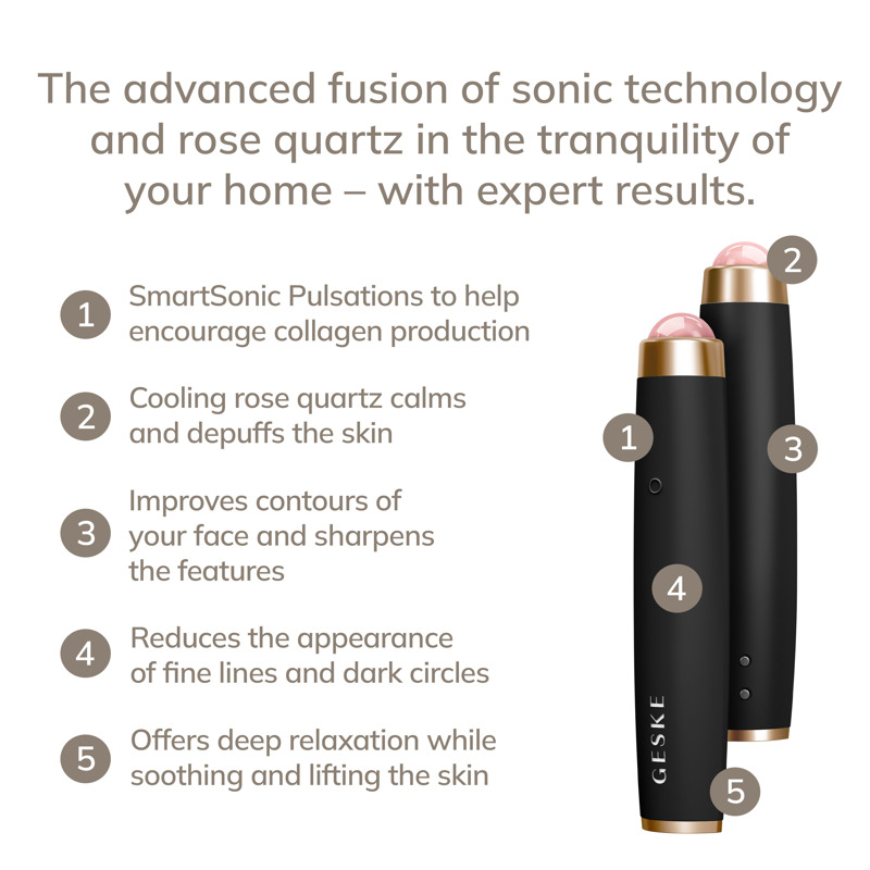Ручка-масажер для обличчя з рожевим кварцом GESKE SmartAppGuided Sonic Rose Quartz LED Depuffing Pen 8in1 gray
