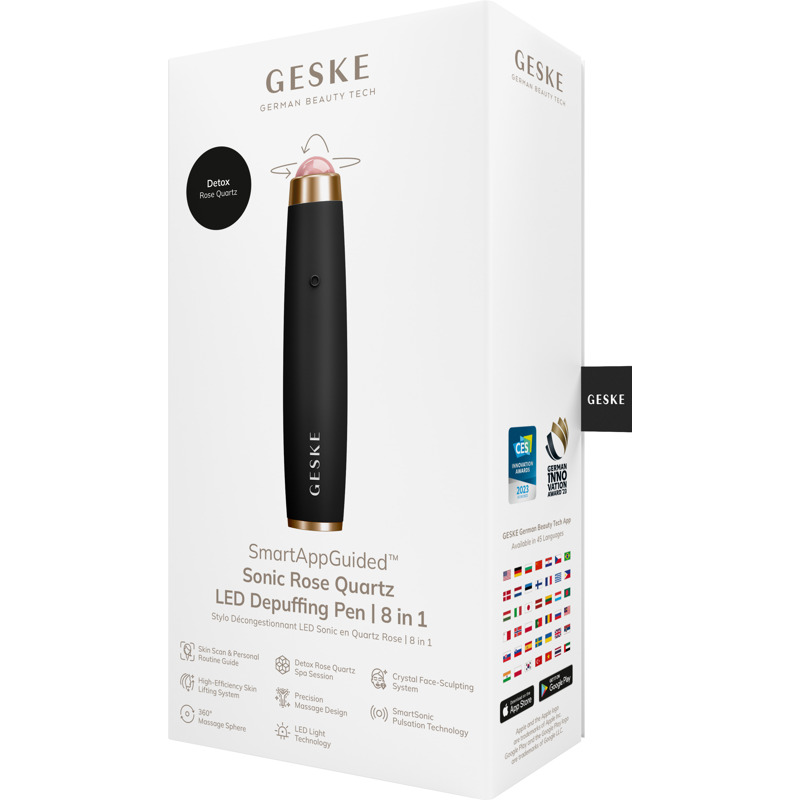 Ручка-масажер для обличчя з рожевим кварцом GESKE SmartAppGuided Sonic Rose Quartz LED Depuffing Pen 8in1 gray