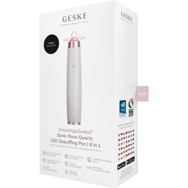 Ручка-масажер для обличчя з рожевим кварцом GESKE SmartAppGuided Sonic Rose Quartz LED Depuffing Pen 8in1 starlight