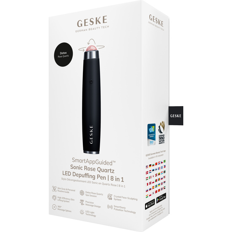 Ручка-масажер для обличчя з рожевим кварцом GESKE SmartAppGuided Sonic Rose Quartz LED Depuffing Pen 8in1 black