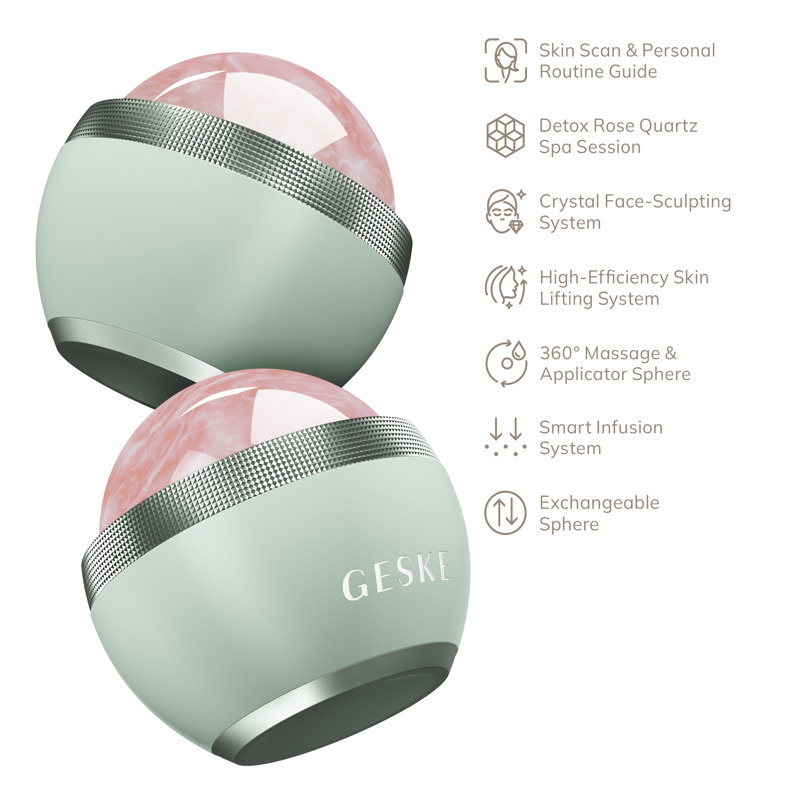 Кульковий масажер з рожевим кварцом GESKE SmartAppGuided Rose Quartz Depuffing Sphere 7in1 green