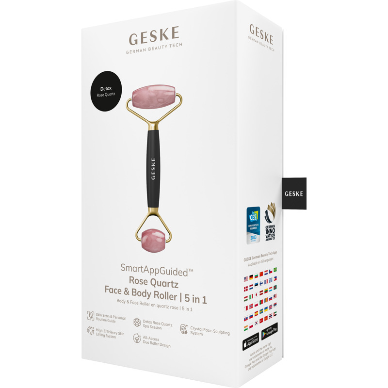 Ролер-масажер для обличчя та тіла з рожевим кварцом GESKE SmartAppGuided Rose Quartz Face & Body Roller 5in1 gray Ролер-масажер для обличчя та тіла з рожевим кварцом GESKE SmartAppGuided Rose Quartz Face & Body Roller 5in1 gray
