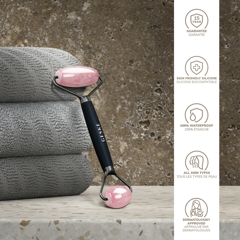 Ролер-масажер для обличчя та тіла з рожевим кварцом GESKE SmartAppGuided Rose Quartz Face & Body Roller 5in1 black