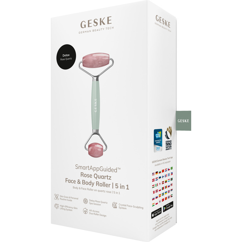 Ролер-масажер для обличчя та тіла з рожевим кварцом GESKE SmartAppGuided Rose Quartz Face & Body Roller 5in1 green