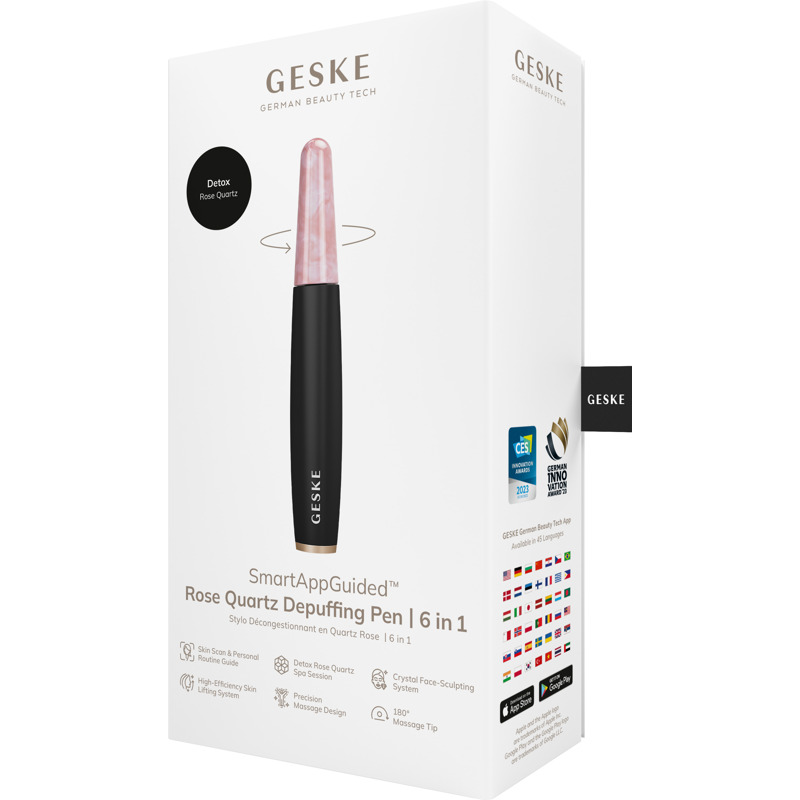 Ручка-масажер для обличчя з рожевим кварцом GESKE SmartAppGuided Rose Quartz & Depuffing Pen 6in1 gray