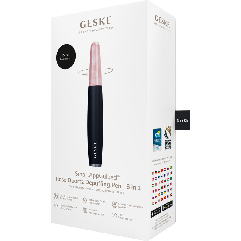Ручка-масажер для обличчя з рожевим кварцом GESKE SmartAppGuided Rose Quartz & Depuffing Pen 6in1 black