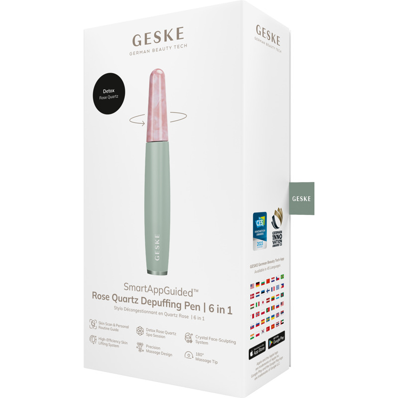 Ручка-масажер для обличчя з рожевим кварцом GESKE SmartAppGuided Rose Quartz & Depuffing Pen 6in1 green