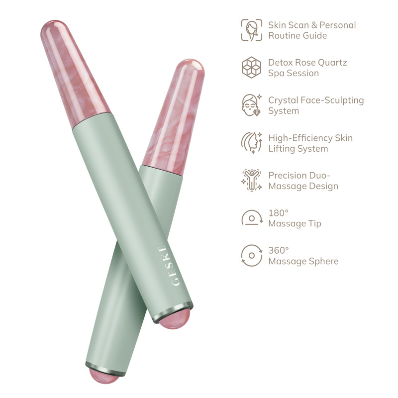Ручка-масажер для обличчя з рожевим кварцом GESKE SmartAppGuided Double-Sided Rose Quartz Depuffing Pen 7в1 green