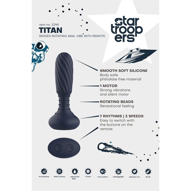 Анальный вибратор с пультом Dream Toys Startroopers Titan с вращающимися шариками, синий