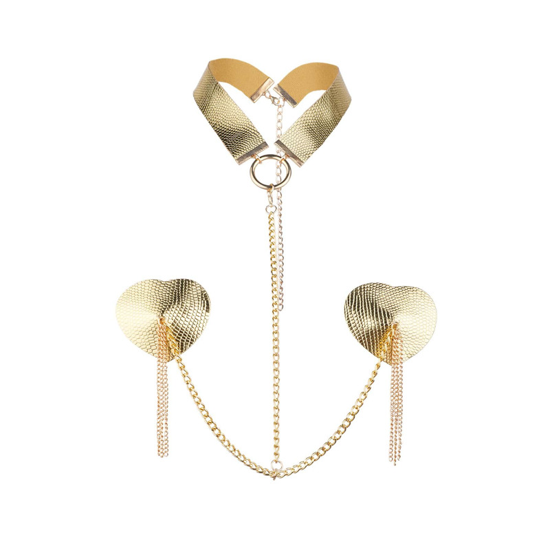 Пестис-сердечки с кисточками и чокером JSY Nipple Sticker RT236114 Golden