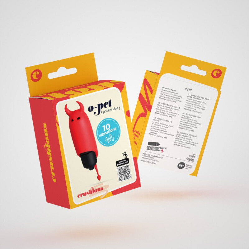 Мини-вибратор вибропуля с насадкой Crushios O-Pet Devil красного цвета, 9.2 х 2.5 см
