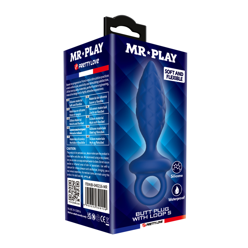 Анальная пробка MR. PLAY Butt Plug with Loop, синяя, размер S, 11,5 х 2,7 см
