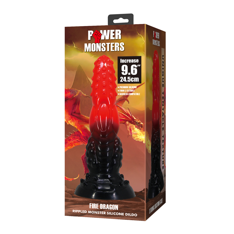 Фаллоимитатор силиконовый Power Monsters Fire Dragon на присоске, черно-красный, 5.5 см х 24.5 см