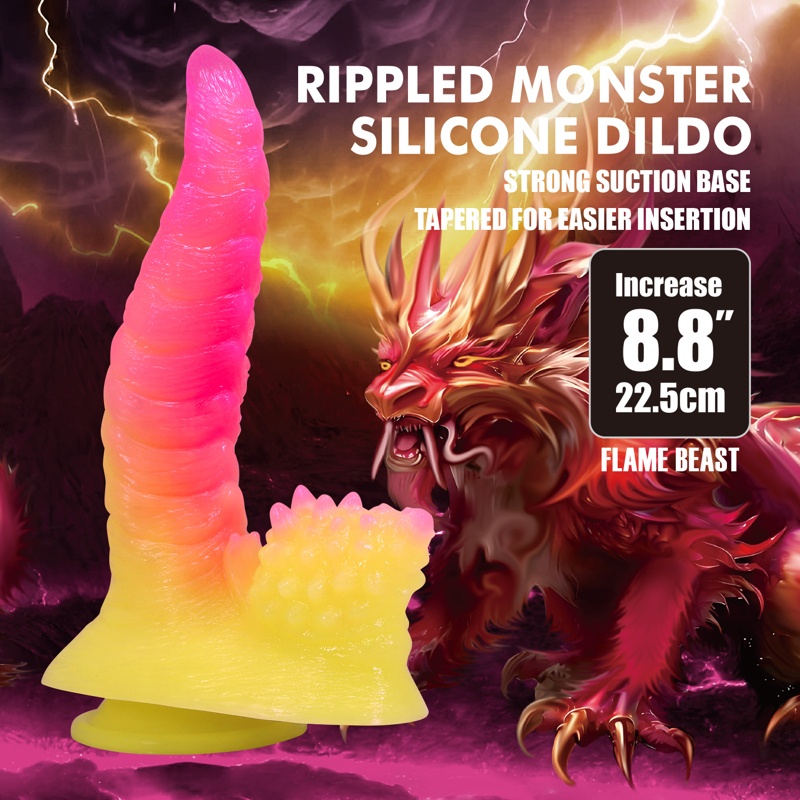 Фаллоимитатор силиконовый Power Monsters Flame Beast на присоске, градиент розово-желтый, 22,5 см