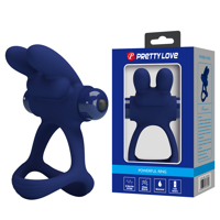 Эрекционное виброкольцо PRETTY LOVE Powerful Ring двойное, с ушками для клитора, синее, 8.7 х 3.3 см