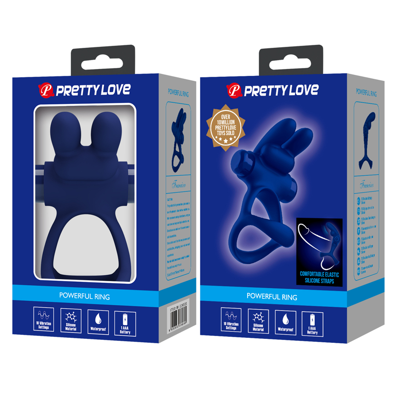 Эрекционное виброкольцо PRETTY LOVE Powerful Ring двойное, с ушками для клитора, синее, 8.7 х 3.3 см
