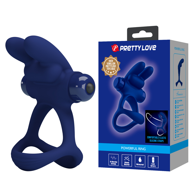 Эрекционное виброкольцо PRETTY LOVE Powerful Ring двойное, с ушками для клитора, синее, 8.7 х 3.3 см