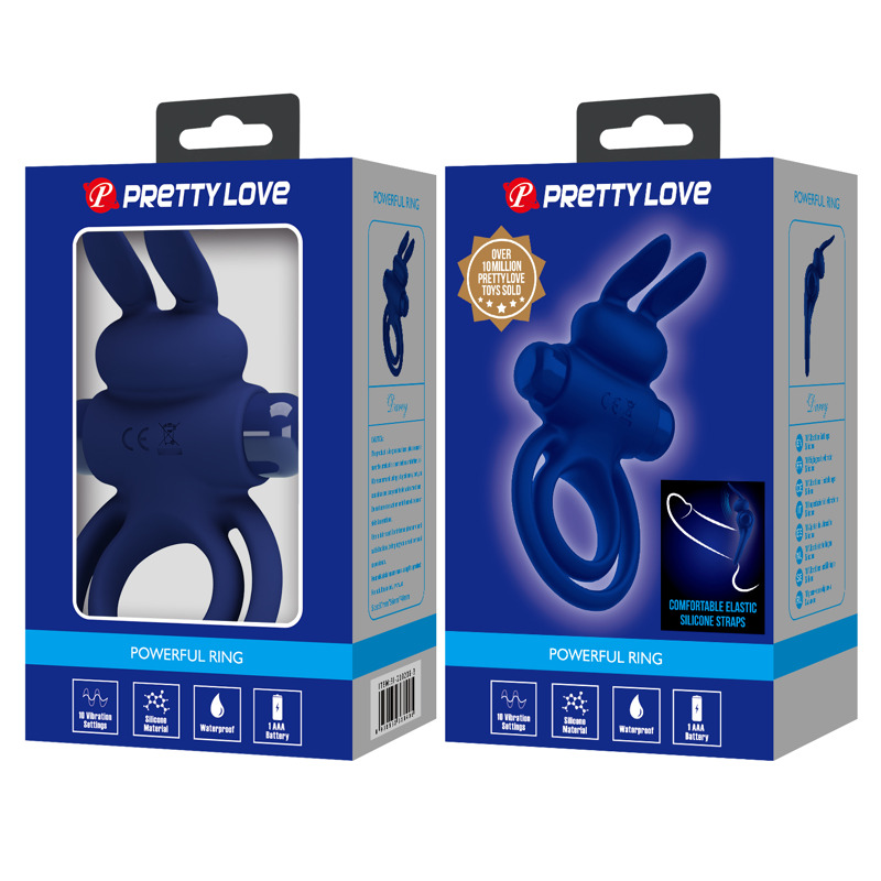 Виброкольцо двойное PRETTY LOVE Vibro Bunny III со стимуляцией для клитора, синее, 9.7 х 6.5 см