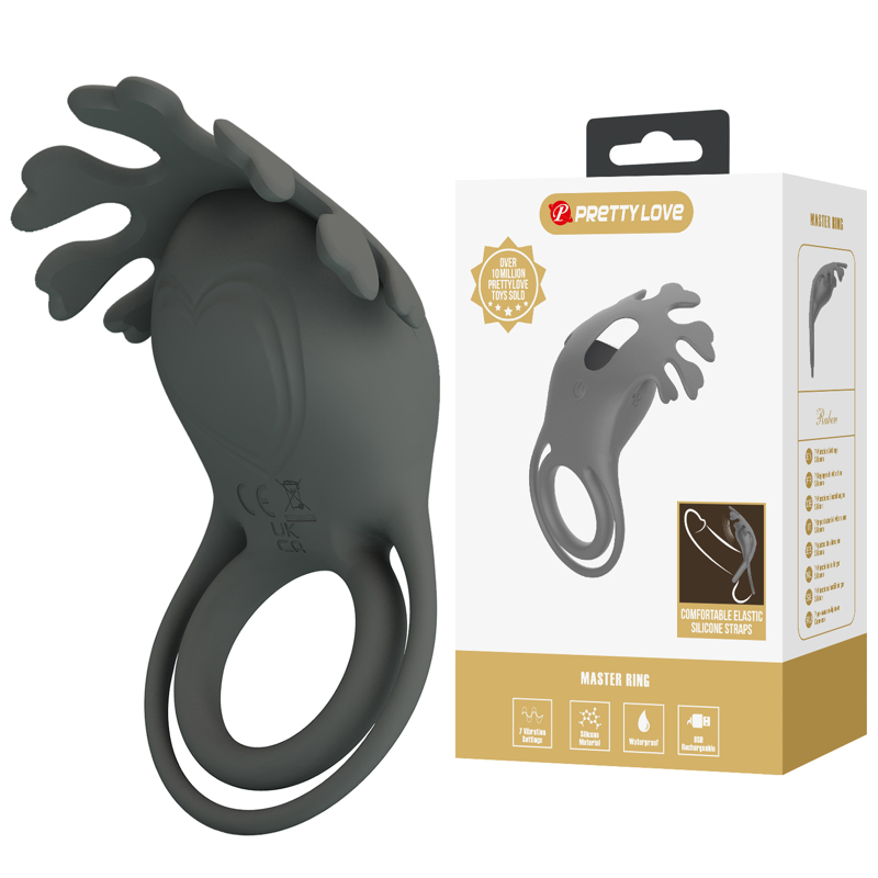 Эрекционное виброкольцо PRETTY LOVE Master Ring двойное, с ушками для клитора, серое, 8.5 х 4.1 см