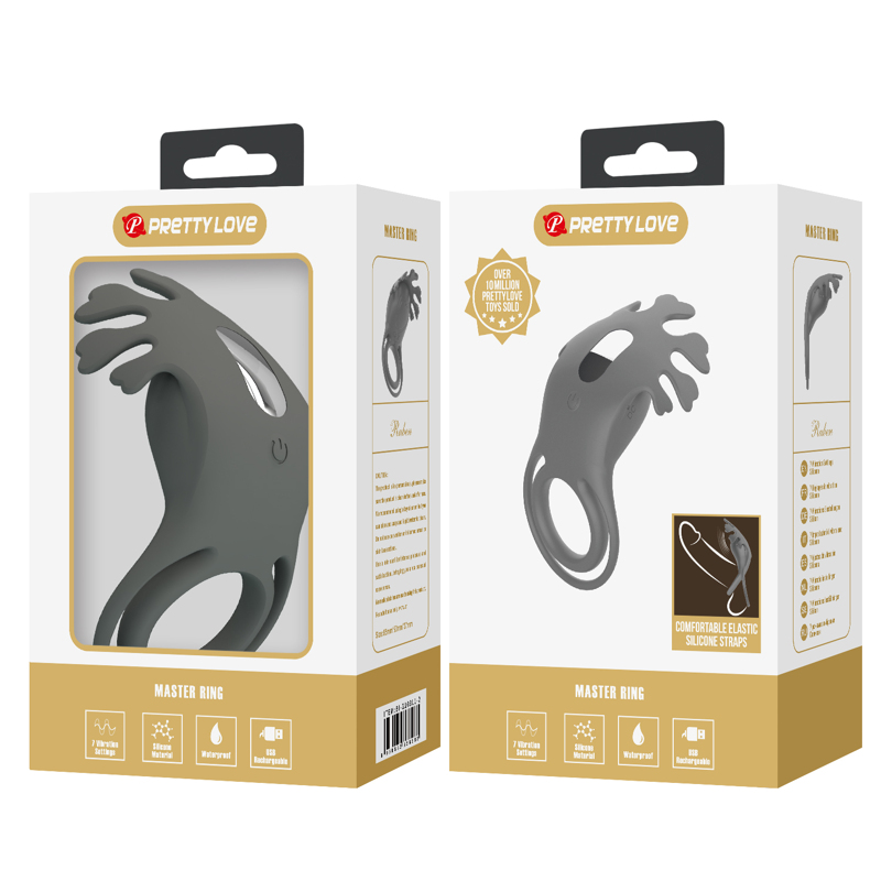 Эрекционное виброкольцо PRETTY LOVE Master Ring двойное, с ушками для клитора, серое, 8.5 х 4.1 см