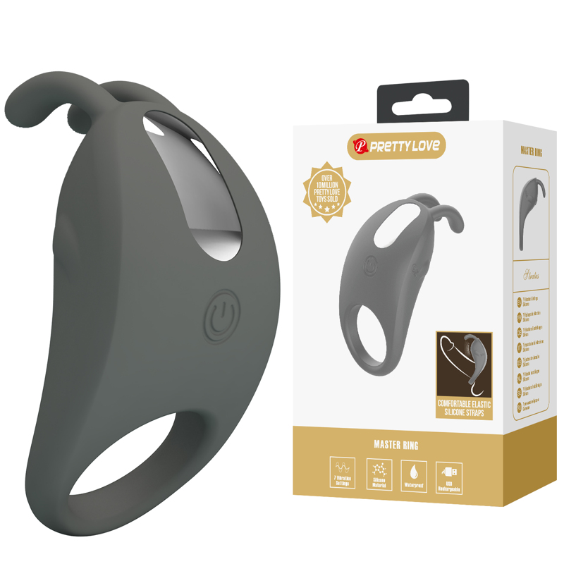 Эрекционное виброкольцо PRETTY LOVE Master Ring с усиками для клитора, серое, 7.5 х 4 см