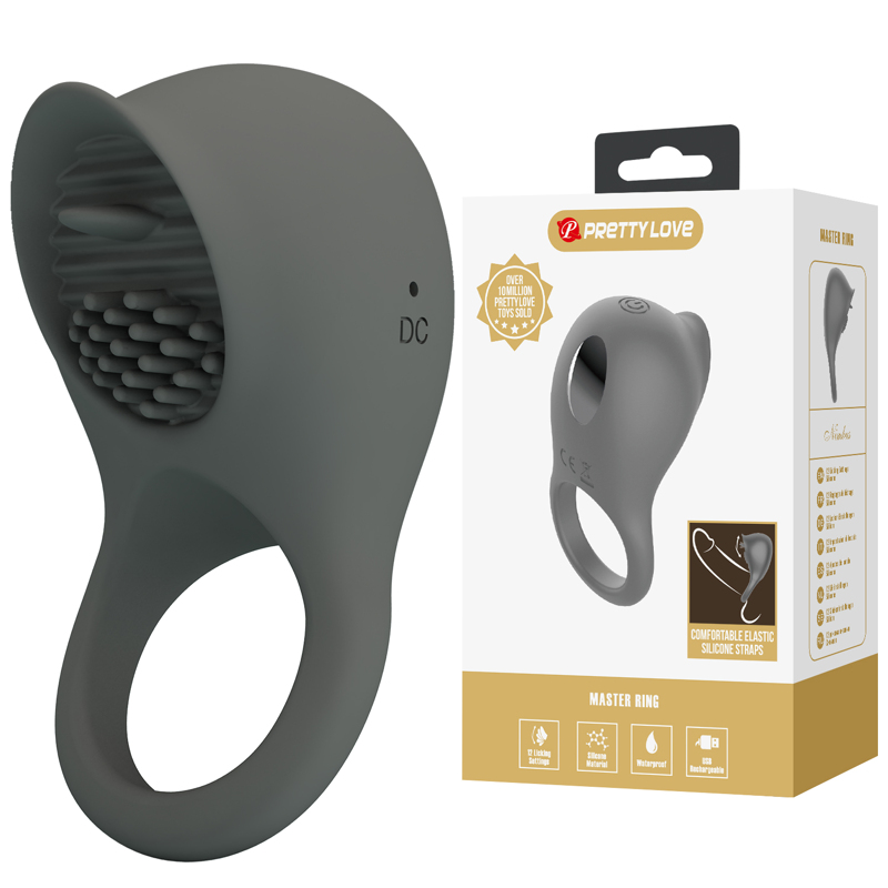Эрекционное виброкольцо PRETTY LOVE Master Ring со стимулятором клитора с язычком, серое, 8 х 4 см