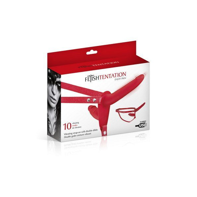 Двойной страпон с вибрацией Fetish Tentation Vibrating Strap-On Red (мятая упаковка!!!)