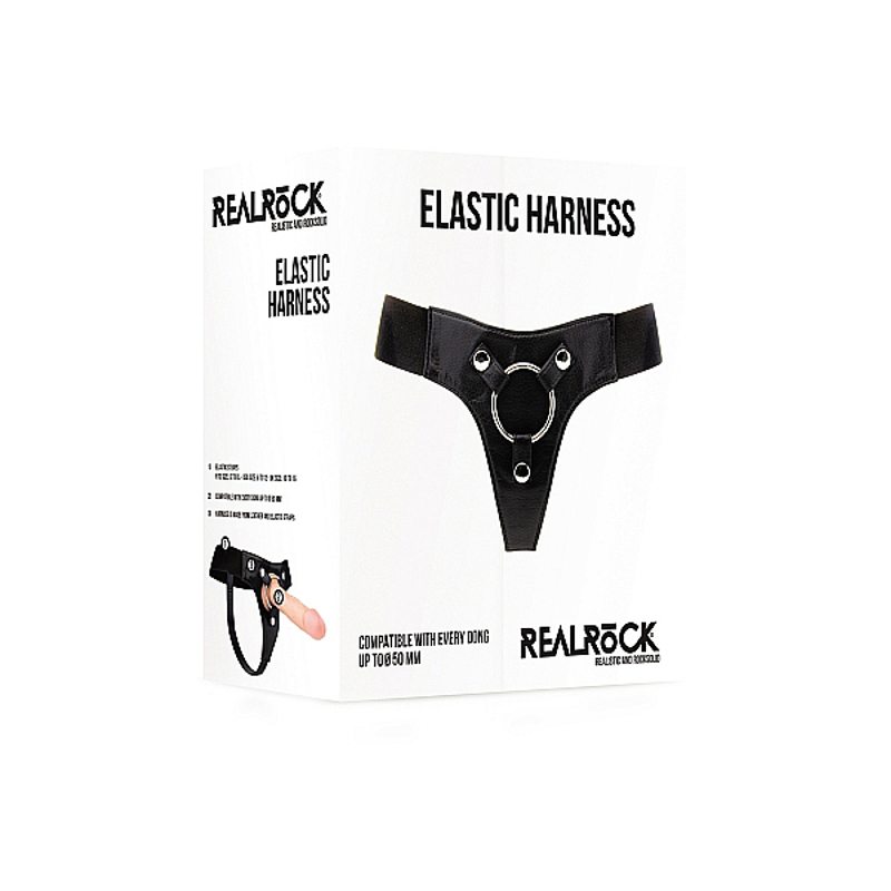 Трусики для страпона REALROCK Elastic Harness с кольцом, кожаные, черные, One Size (S-XL)