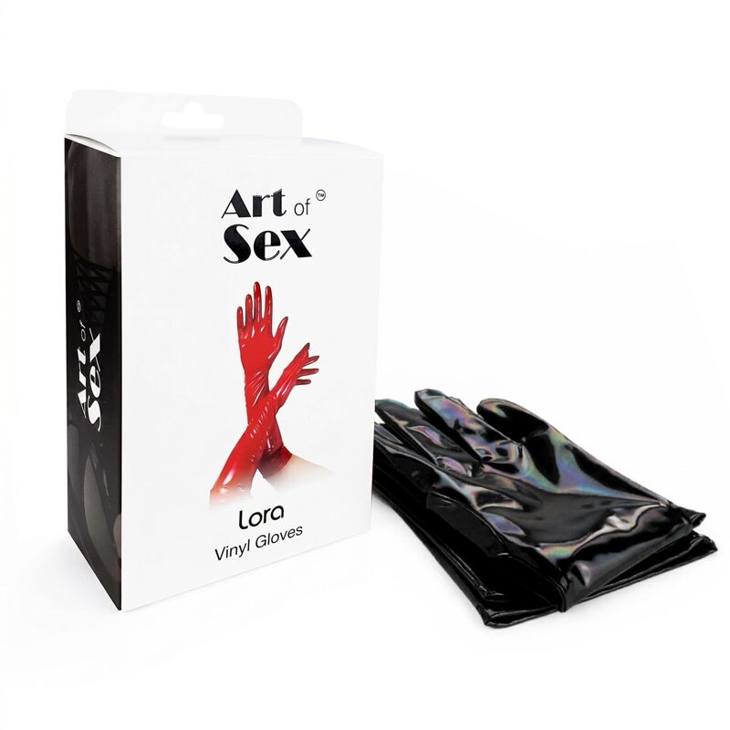 Глянцевые виниловые перчатки Art of Sex - Lora, размер S, цвет черный с эффектом голограммы