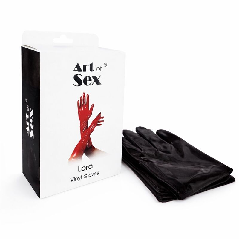 Виниловые перчатки Art of Sex - Lora, размер M, цвет черный с эффектом мокрого бархата