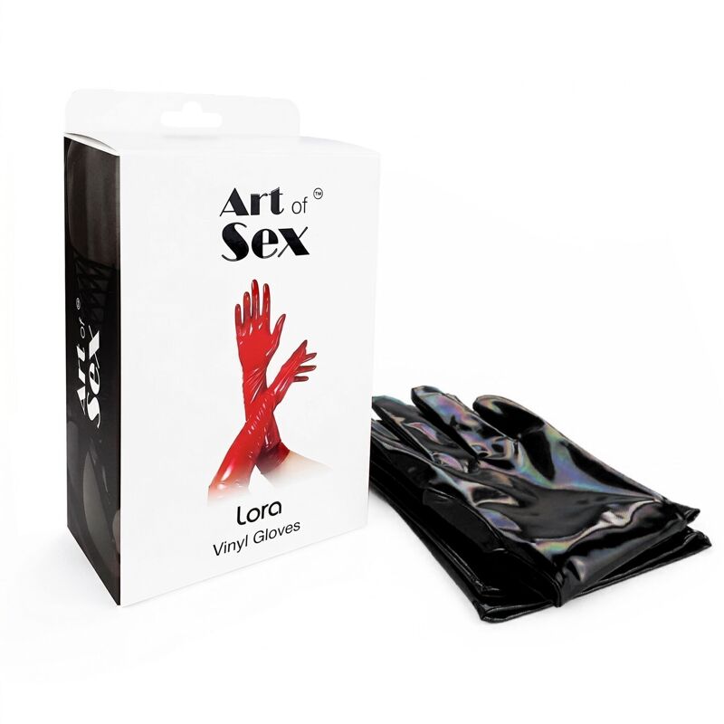 Глянцевые виниловые перчатки Art of Sex - Lora, размер M, цвет черный с эффектом голограммы