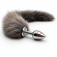 Анальна пробка металева DS Fetish із сірим лисячим хвостом, XS
