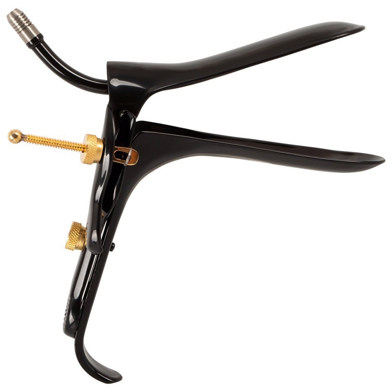 Вагинально-анальное зеркало Fetish Collection Speculum из нержавеющей стали, чёрно-золотое, 15 см