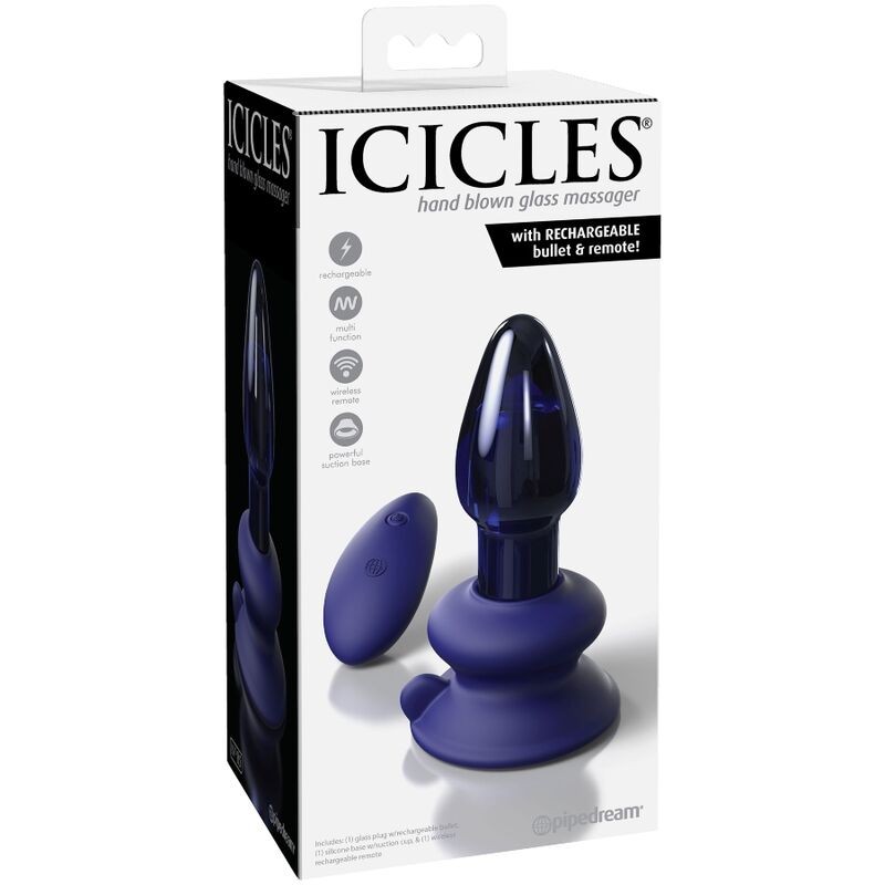 Стеклянная анальная вибропробка с пультом Pipedream Icicles синяя