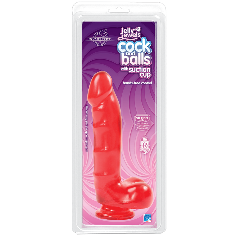 Фаллоимитатор Doc Johnson Jelly Jewels Cock & Balls Red, диаметр 3,6см, антибактериальный ПВХ