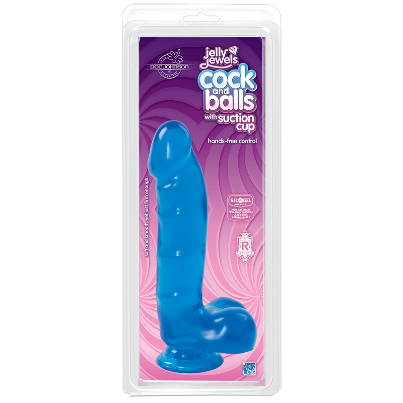 Фаллоимитатор Doc Johnson Jelly Jewels Cock & Balls Blue, диаметр 3,6см, антибактериальный ПВХ