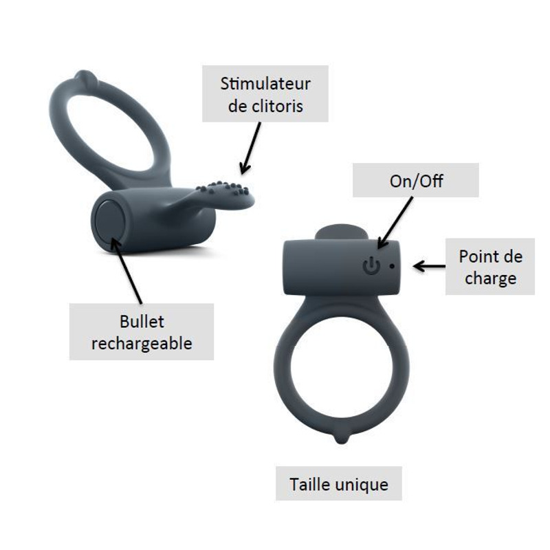 Эрекционное кольцо Dorcel Power Clit Plus с вибрацией, перезаряжаемое, с язычком со щеточкой