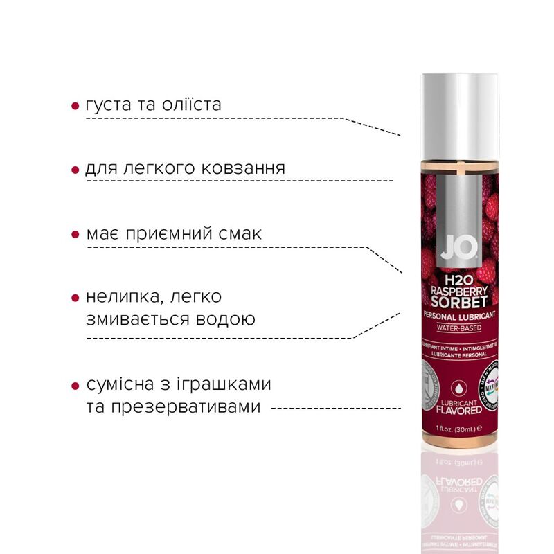 Смазка на водной основе JO H2O — Raspberry Sorbet (30 мл) без сахара, растительный глицерин