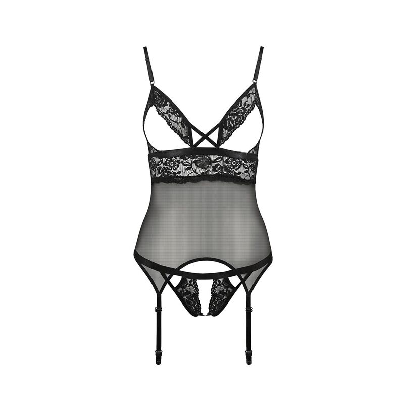 Корсет с открытой грудью Passion DIABOLINA CORSET S/M, black, пажи, трусики, полупрозрачный